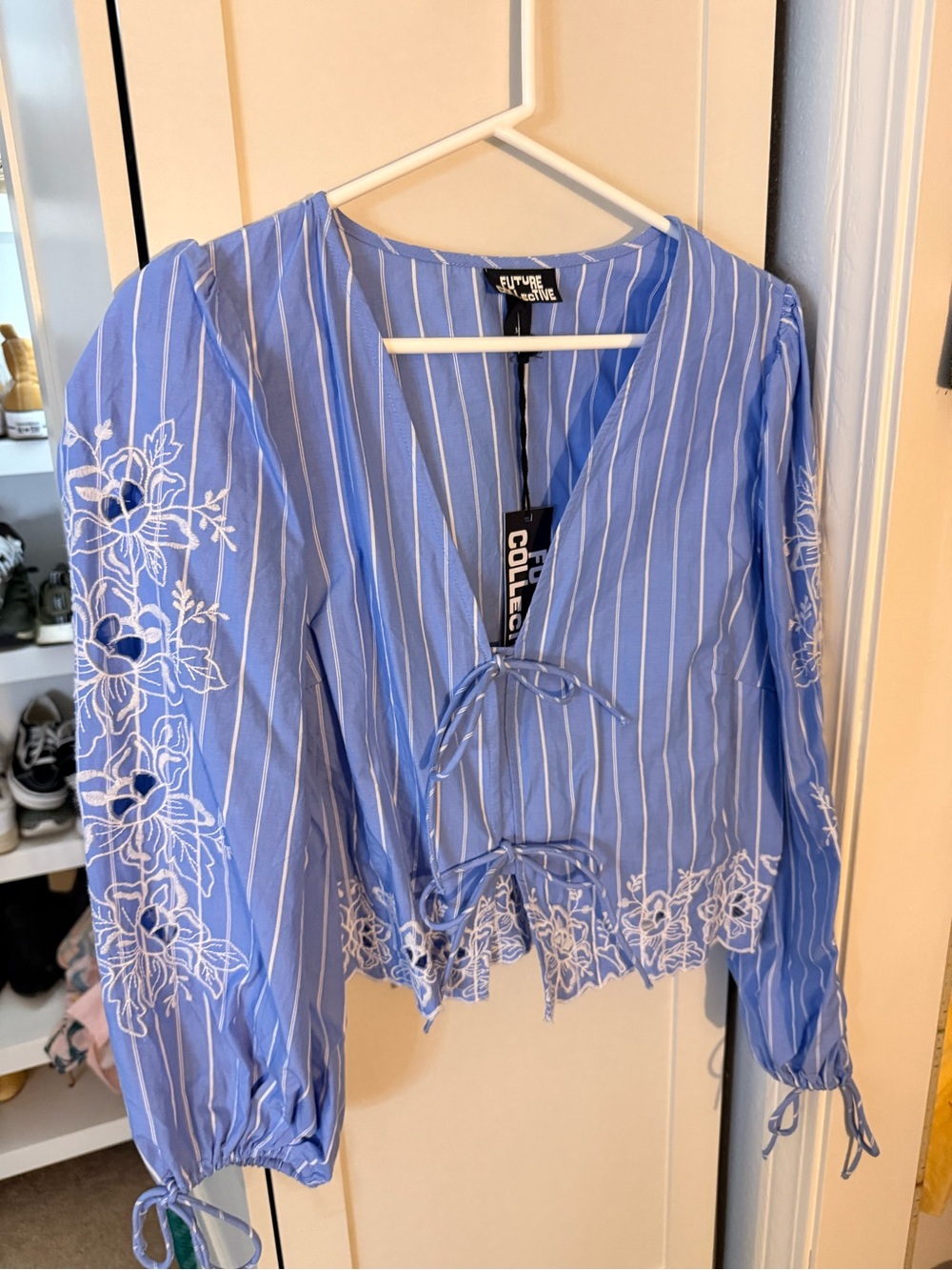 Future Collective Blue Striped Embroidered Tie-Front Blouse